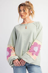 Smoke Green Flower Patchwork Exposed Seam Raglan Sleeve Top