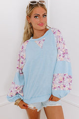 Beau Blue Ribbed Floral Patchwork Balloon Sleeve Top