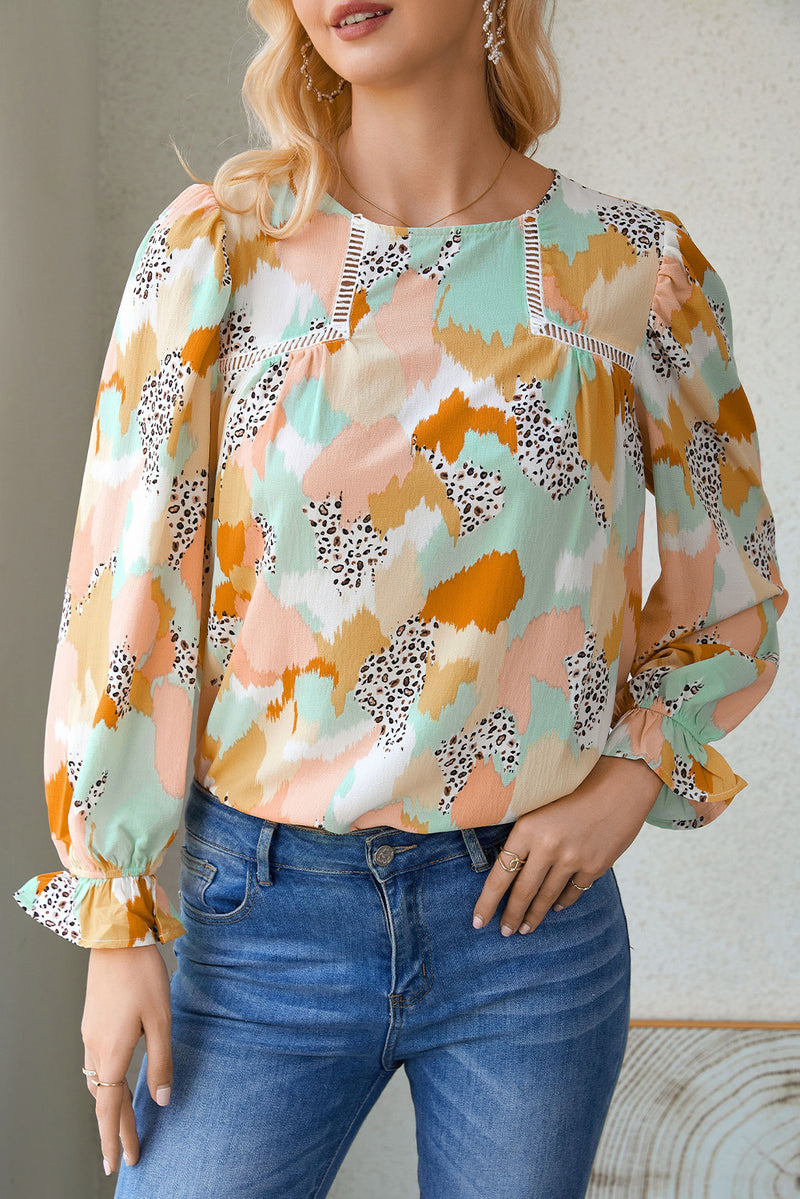 Multicolor Abstract Print Boho Ruffle Puff Sleeve Blouse