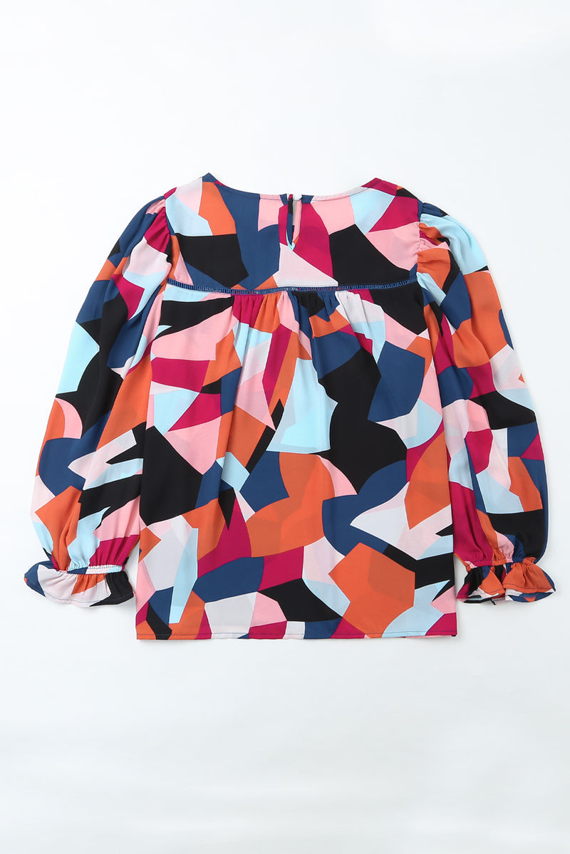 Multicolor Casual Abstract Print Puff Sleeve Blouse