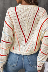 Apricot Striped Crew Neck Pullover Knit Sweater