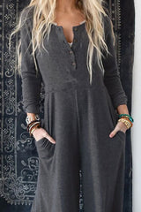 Dark Grey Henley Long Sleeve Wide Leg Jumpsuit with Pockets