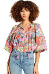 Multicolour Boho Floral Tie V Neck Pleated Blouse