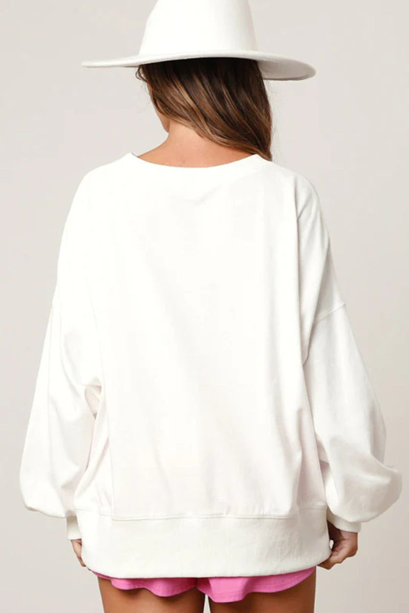 White Sequin Boots Graphic Drop Shoulder Sweatshirt