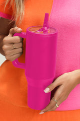 Rose Red Frosted Stainless Handle Large Vacuum Cup with Straw 1200ml