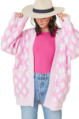 Pink Checkered Pockets Open Front Cardigan