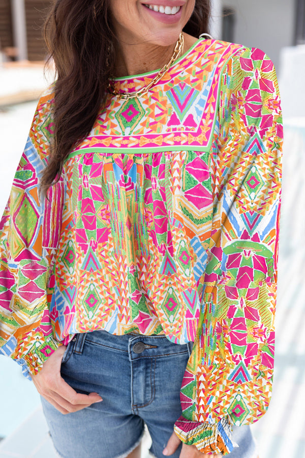 Orange Geometric Print Long Sleeve Keyhole Back Blouse