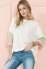 White Ribbed Colorblock Drop Sleeve Top