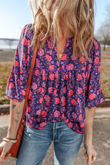 Purple Floral Puff Half Sleeve Split Neck Blouse