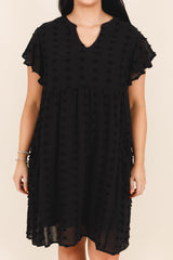 Black Dotty Textured Notched Neck Ruffle Plus Size Dress