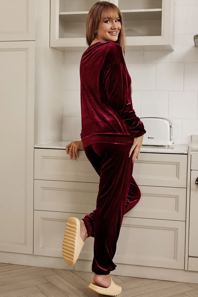 Red Solid Velvet Round Neck Top & Drawstring Pants Longe Set