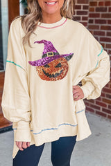 White Glittering Pumpkin Wizard Graphic Exposed Seam Halloween Sweatshirt