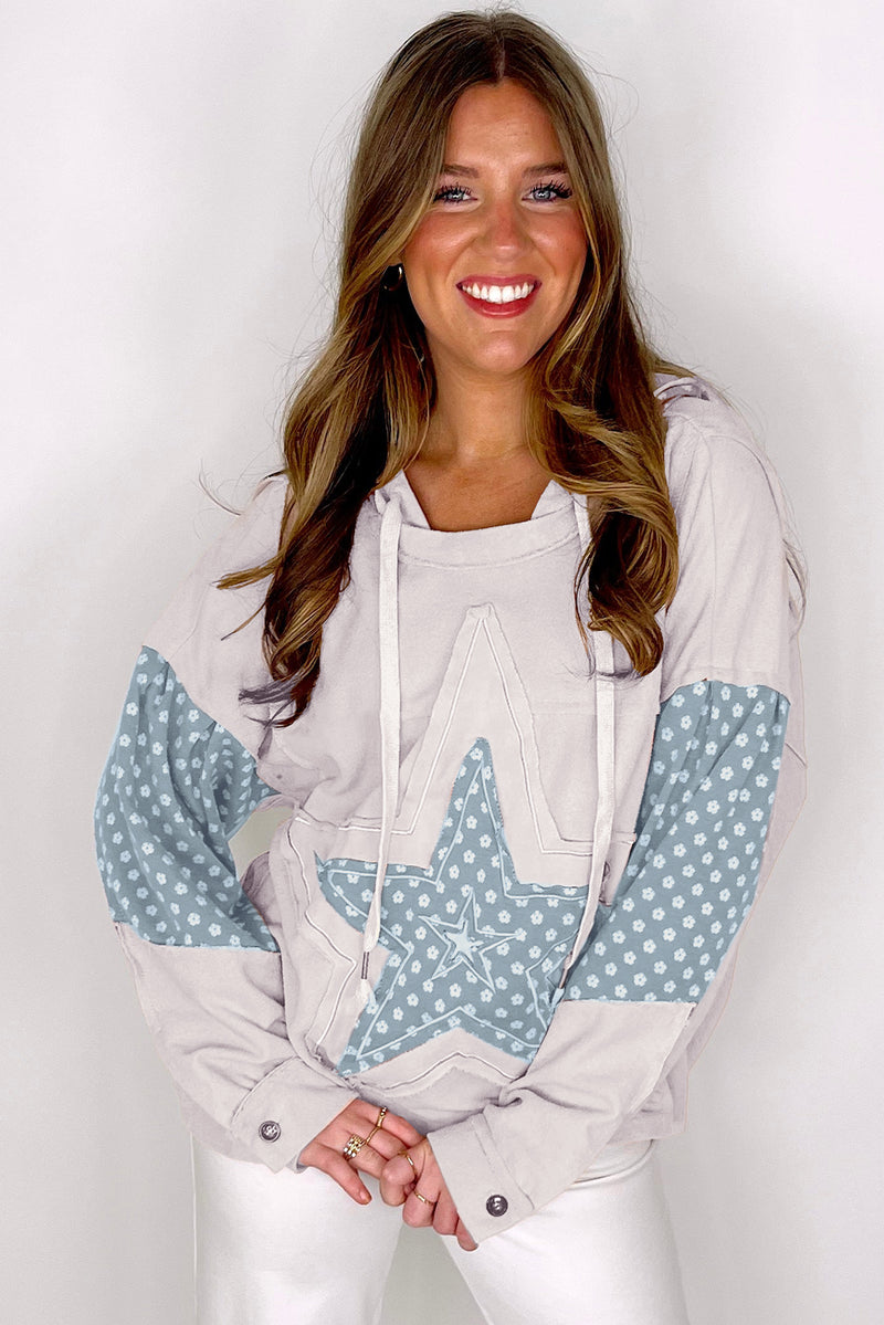 Beau Blue Floral Patchwork Star Pattern Drawstring Hoodie