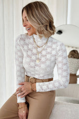 White Floral Lace High Neck Slim Fit Long Sleeve Top