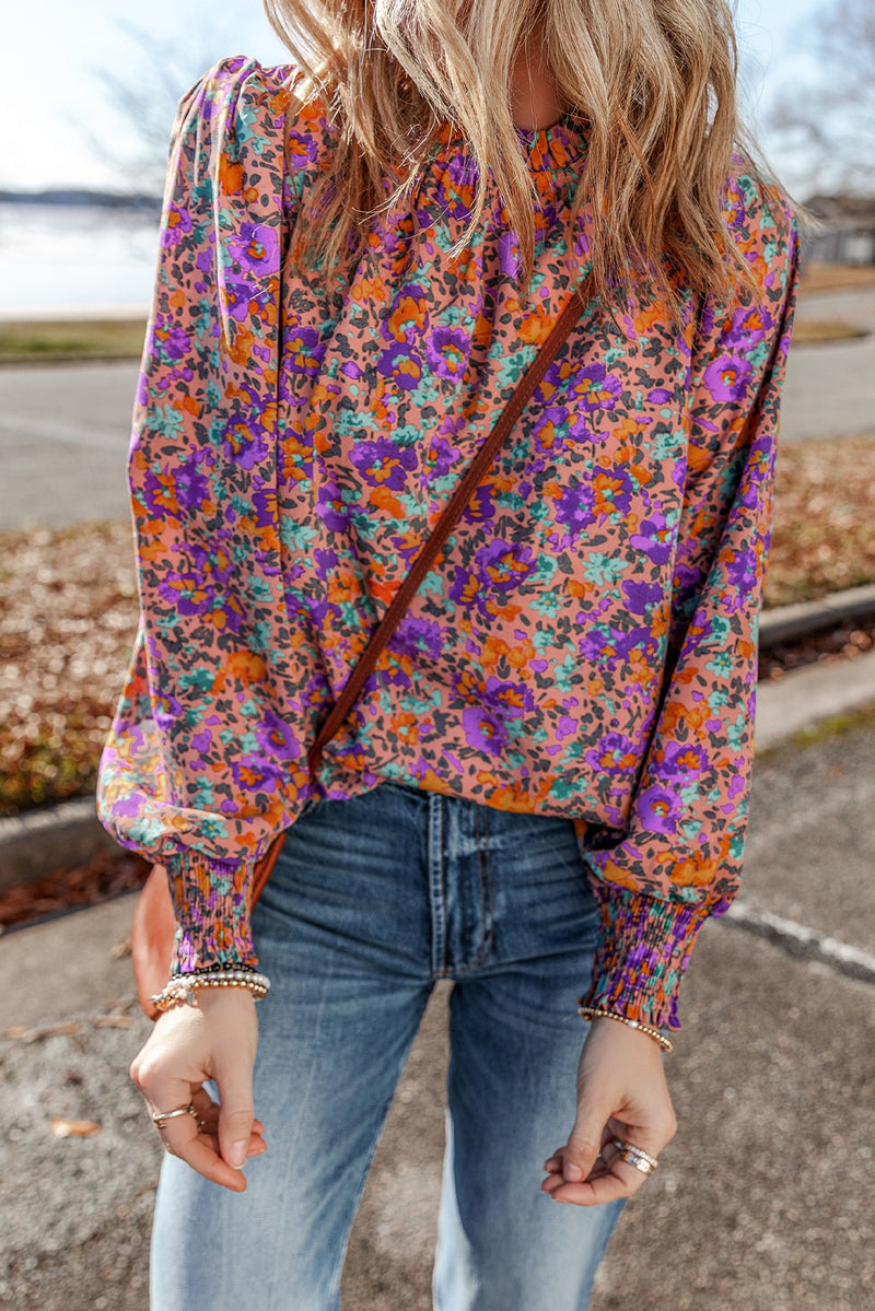 Purple Floral Print Smocked Cuffs Frill Neck Blouse