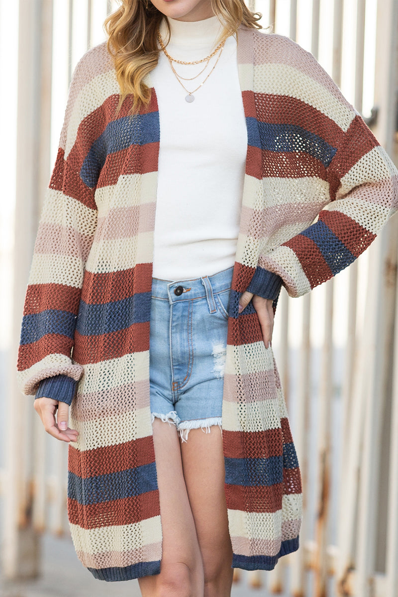 Black Striped Color Block Casual Hollow Cable Knit Cardigan