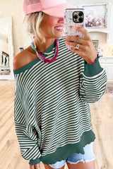 Green Stripe Drop Shoulder Long Sleeve Top