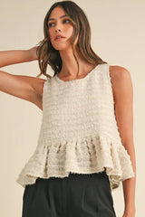 White Frayed Textured Ruffle Hem Sleeveless Top