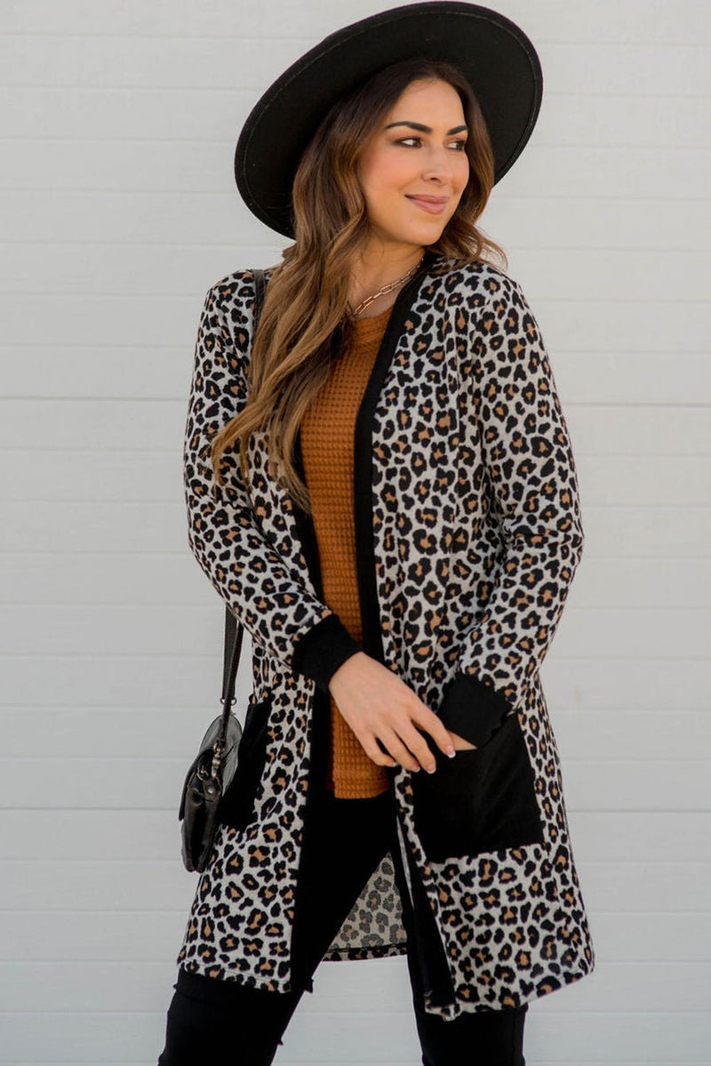 Black Leopard Patched Pocket Open Front Cardigan