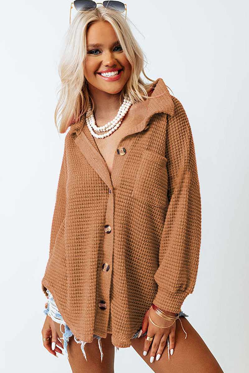 Khaki Pocket Buttons Front Waffle Knit Shacket