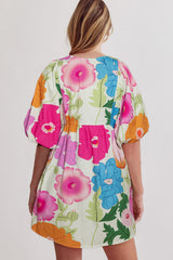 White Puff Sleeve Tied Split Neck Colorful Floral Flowy Dress