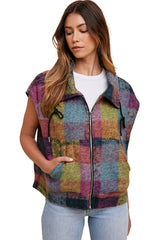 Pink Brushed Checked Print Side Pockets Zipper Jacket Vest