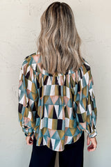 Green Geometric Print Button Balloon Sleeve Loose Fit Shirt