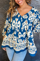 Blue Ethnic Print 3/4 Sleeve Flowy Blouse