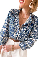 Blue Floral Ric Rac Patchwork Button Loose Fit Shirt