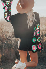 Black Floral Crochet Bell Sleeve Loose Knit Sweater