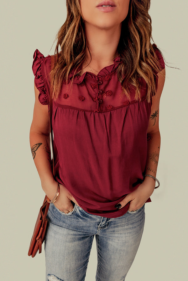 Burgundy Ruffle Trim Swiss Dot Button Closure Sleeveless Shirt