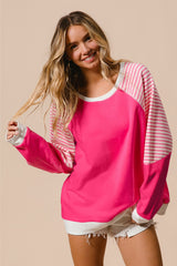 Strawberry Pink Striped Patchwork Raglan Sleeve Top