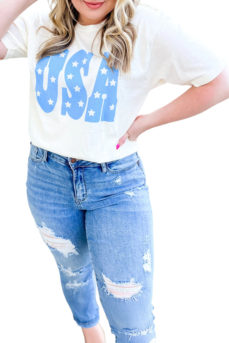 Sky Blue Stars Graphic USA Patriotic Plus Size Tee