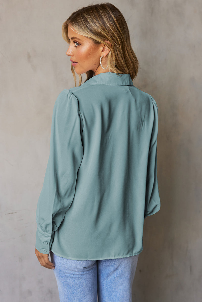 Light Blue Solid Color Button Up Puff Sleeve Casual Pleated Shirt