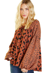 Brown Leopard V Neck Lantern Sleeve Tunic Blouse