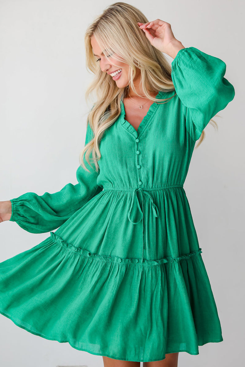 Sea Green Frill V Neck Puff Sleeve Drawstring Mini Dress