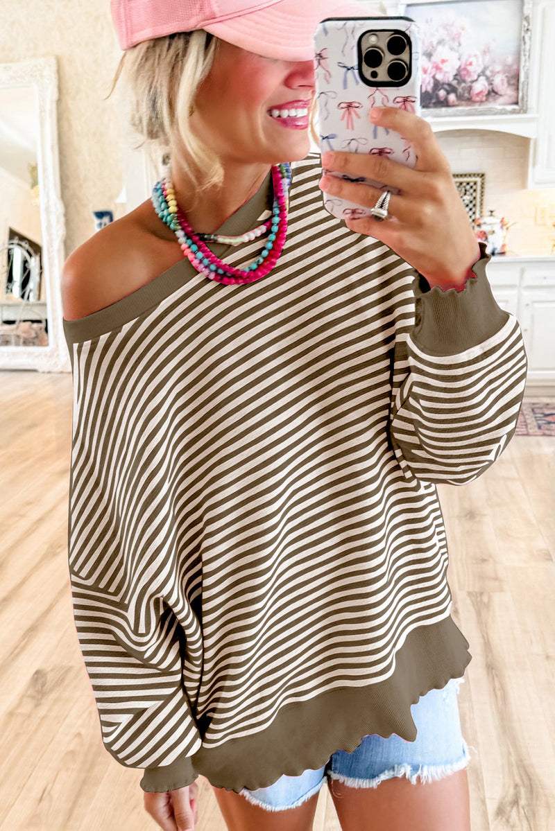 Green Stripe Drop Shoulder Long Sleeve Top