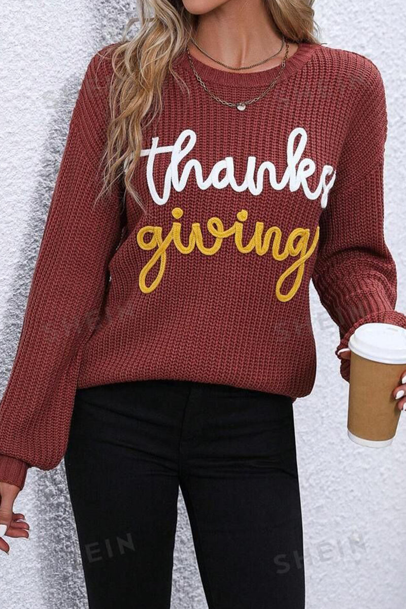 Red Sandalwood Thanksgiving Letter Graphic Crew Neck Sweater