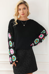 Black Floral Crochet Bell Sleeve Loose Knit Sweater