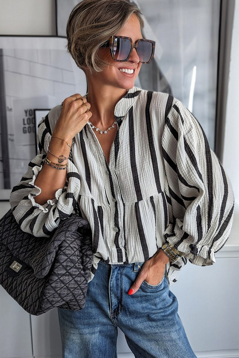 Black Stripe Crinkle Ruffle Sleeve Button Loose Top