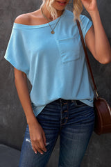 Light Blue Solid Color Short Sleeve Basic T Shirt with Patch Pocket