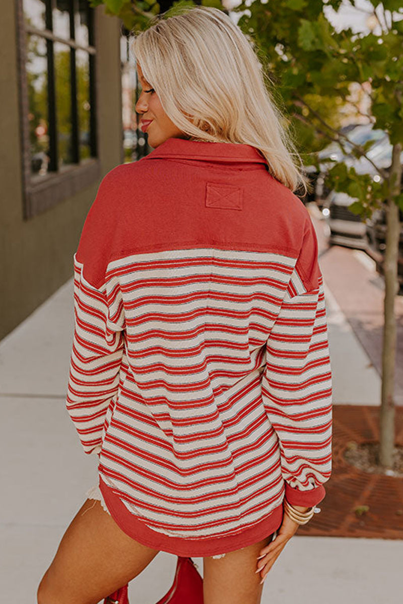 Red Stripe Collared V Neck Drop Shoulder Top