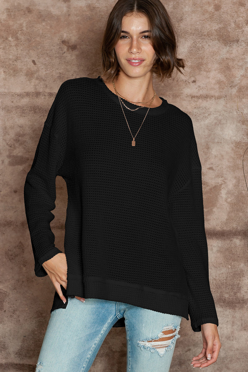 Green Waffle Knit Drop Sleeve High Slits Oversized Top