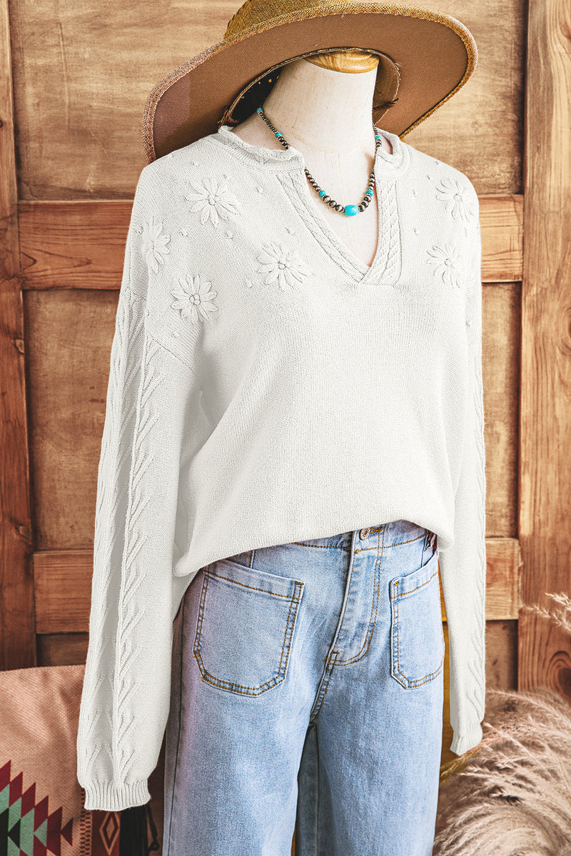 White Flower Pattern Knitted Notched Neck Sweater