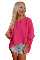 White Plain & Casual Shirred Cuffs Half Sleeve Top