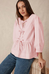 Pink Striped Sweet Bow Tie Blouse