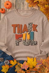 Khaki Leopard THANKFUL Graphic Corded Thanksgiving Sweatshirt