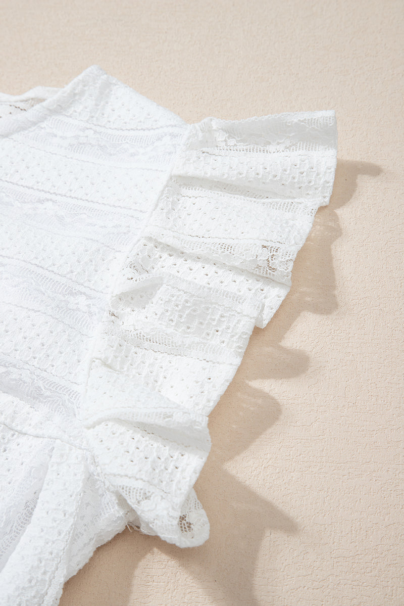 White Ruffled Lace Splicing Flowy Crewneck Sleeveless Shirt