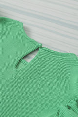 Green Solid Color Ruffle Sleeve Ribbed Blouse