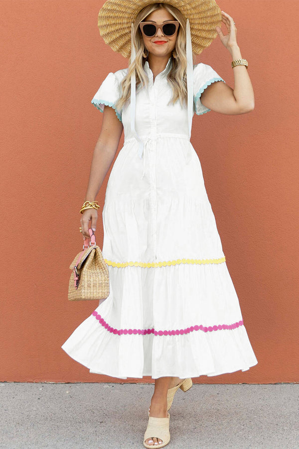 Wholesale White High Waist Short Sleeve Tiered Shirt Dress